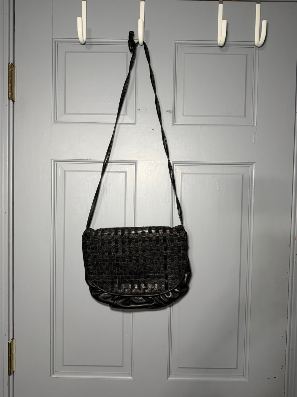 Vintage Black leather Woven Flap Crossbody Bag with Ruched Trim